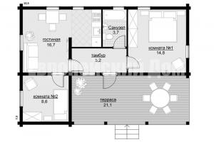 Casa 70 m2 com dois quartos e um grande terraço detalhado de layout +