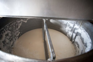 Aos poucos, adicione o leite leite fermentado soro de leite. Depois de misturar o conteúdo coagular. 